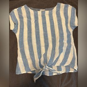 LL Bean Signature Tie-Front Womens Linen Top Blue stripes